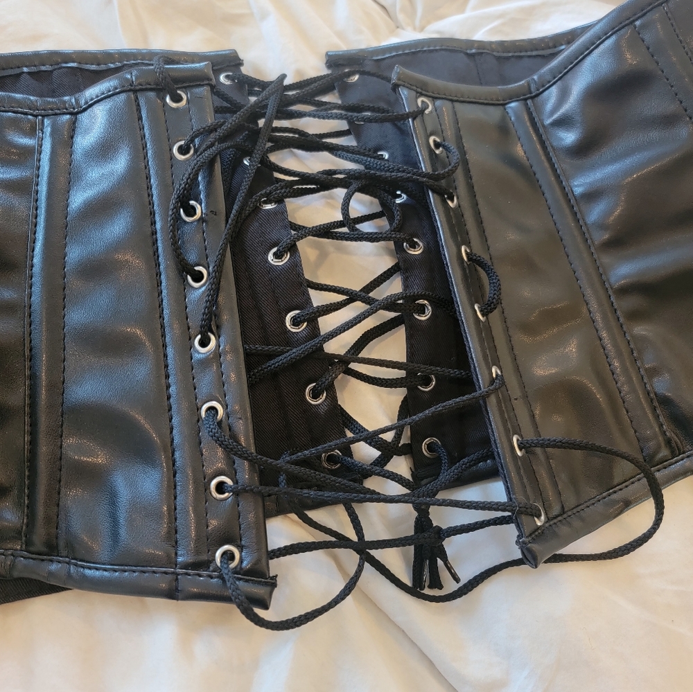Corset- Daisy top drawer lace up black leather corset plus belt waist cincher